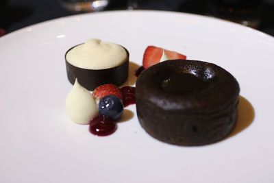 Close-up of dessert served on table