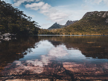 Scenic view of lake and mountains against sky