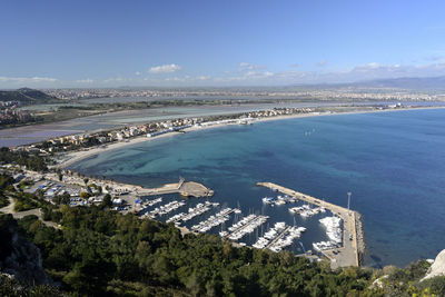 High angle view of city by sea against sky