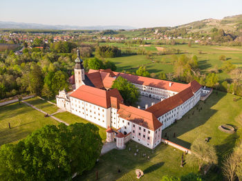 High angle view of buildings against sky