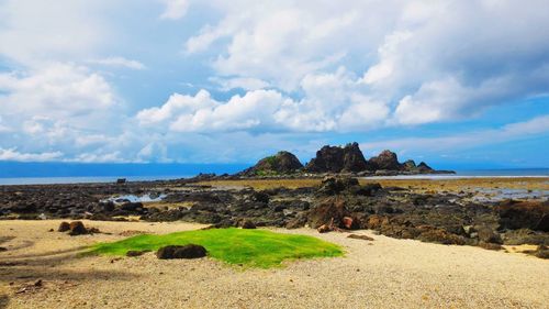 Scenic view of landscape by sea against sky