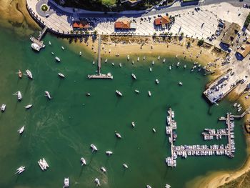 High angle view of boats moored in lake