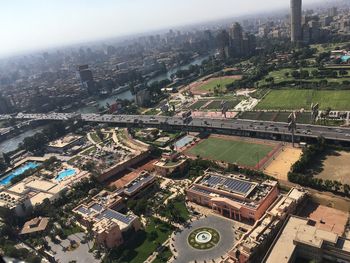 High angle view of cityscape against sky