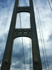 Low angle view of suspension bridge against sky