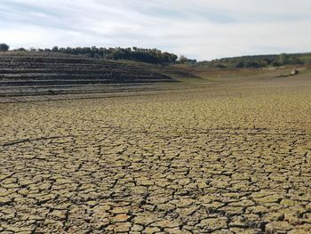 Surface level of barren land against sky