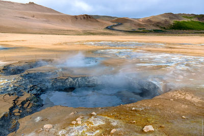 Steam emitting from mud pots at hverir