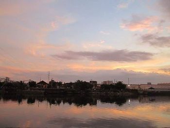 Reflection of clouds in water at sunset