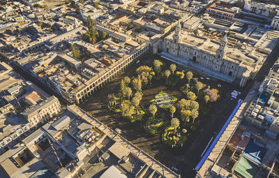 Top view of arequipa main square and cathedral church. arequipa, peru.