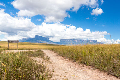 Dirt road amidst field against sky