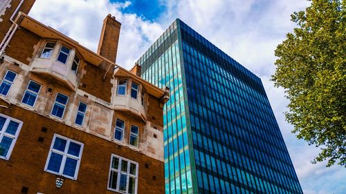 Low angle view of modern building against clear sky