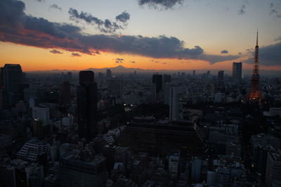 Aerial view of city at dusk