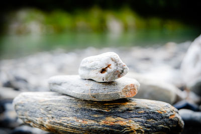 Close-up of stone stack on rock