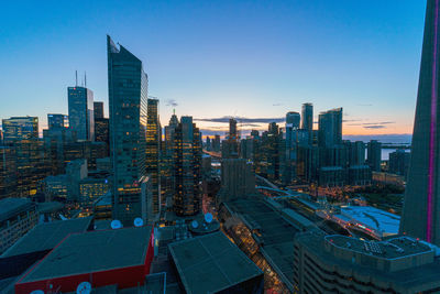 High angle view of buildings against sky during sunset