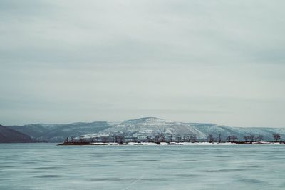 Scenic view of sea by snowcapped mountains against sky