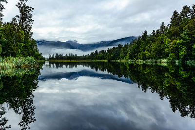 Scenic view of lake by trees against sky