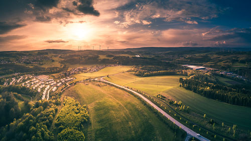 High angle view of rural scene at sunset