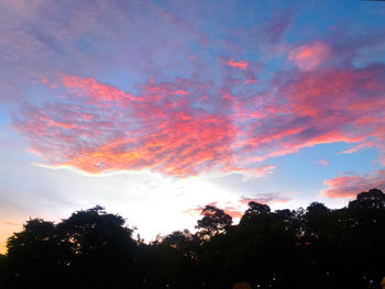 Low angle view of silhouette trees against dramatic sky