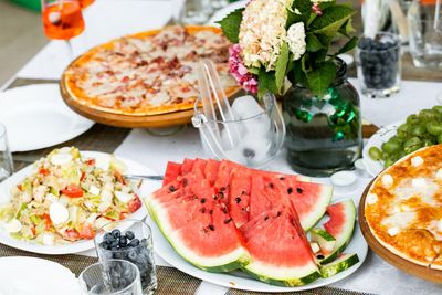 High angle view of food and dessert on table