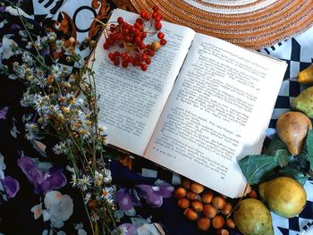 High angle view of various flower on book