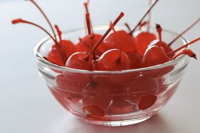 Close-up of red berries in glass bowl