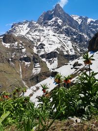 Scenic view of snowcapped mountains against sky