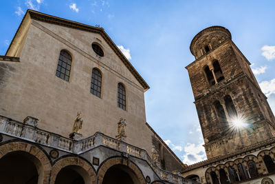 Wide angle view of facade and bell tower of salerno cathedral, the main church of salerno, italy