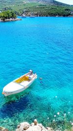 High angle view of boat moored in sea