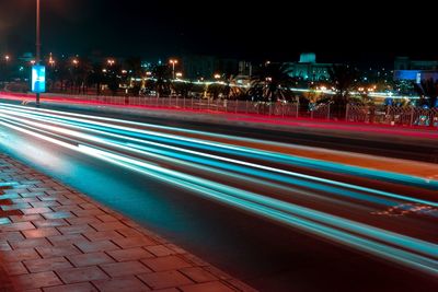 Light trails on road at night