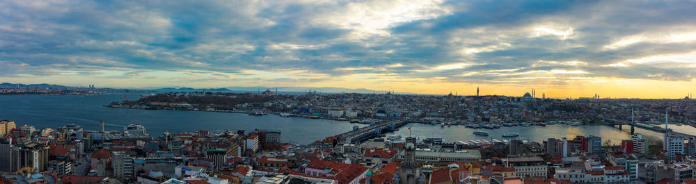 High angle view of city against sky during sunset