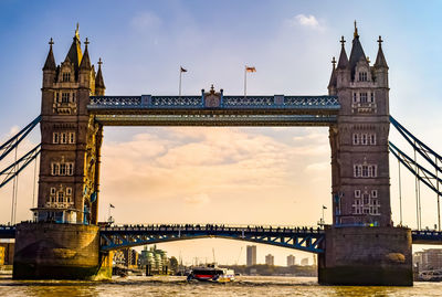 Bridge over river with city in background