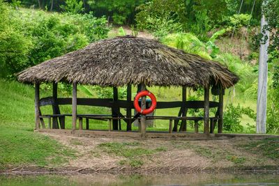 Thatched gazebo on field