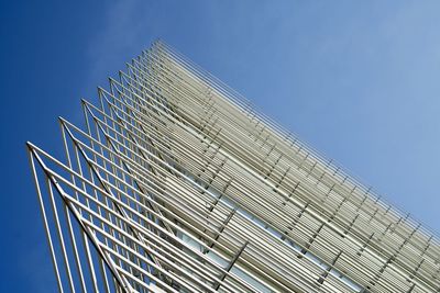 Low angle view of modern building against clear blue sky