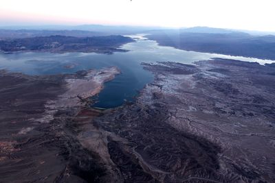 High angle view of mountain range against sky