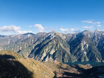 Scenic view of mountains against blue sky