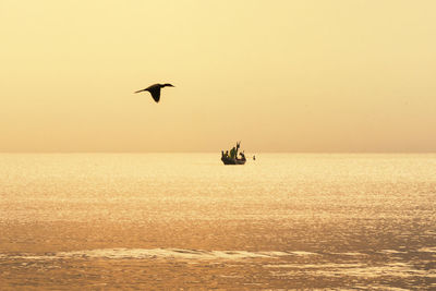 Silhouette bird flying over sea against clear sky