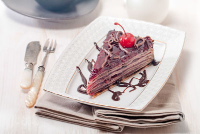 High angle view of dessert in plate on table