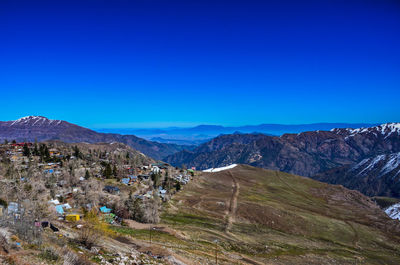 Scenic view of mountains against clear blue sky