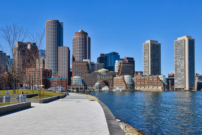 Modern cityscape against clear blue sky