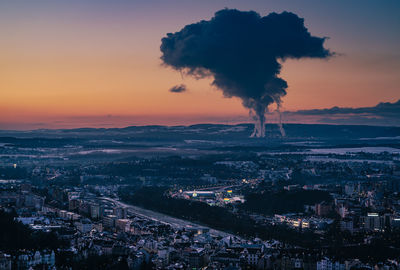 Aerial view of cityscape against sky during sunset