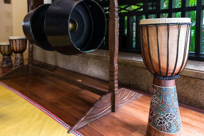 Close-up of electric lamp on hardwood floor