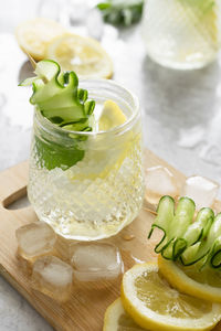 Close-up of juice in glass on table