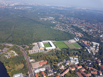 High angle view of buildings in city