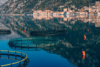 High angle view of swimming pool by lake