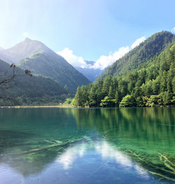 Scenic view of lake and mountains against sky