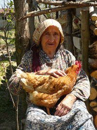 Portrait of a old woman with chicken