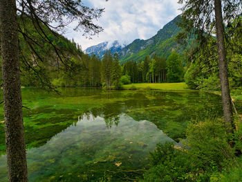 Scenic view of lake and mountains against sky