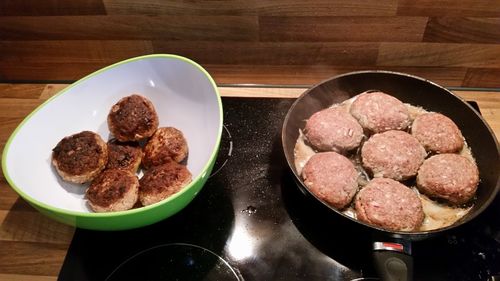 High angle view of breakfast in plate on table