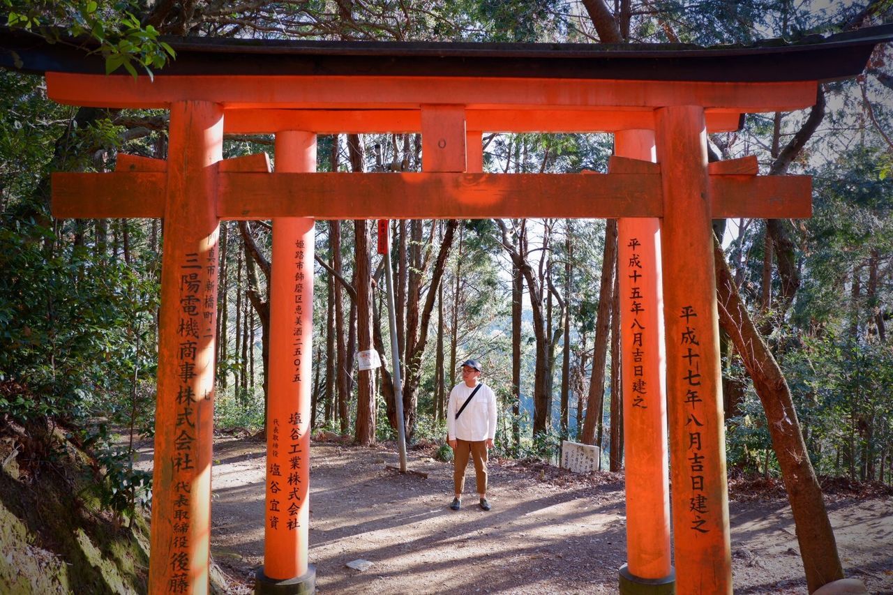 one person, rear view, full length, real people, tree, standing, architecture, lifestyles, religion, place of worship, built structure, belief, plant, leisure activity, spirituality, day, orange color, adult, architectural column, shrine