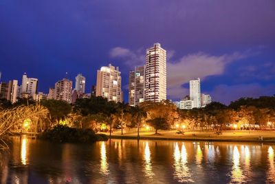 View of city lit up at night