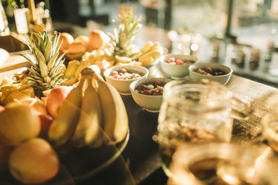 Fresh fruits and healthy breakfast arranged on table at retreat center